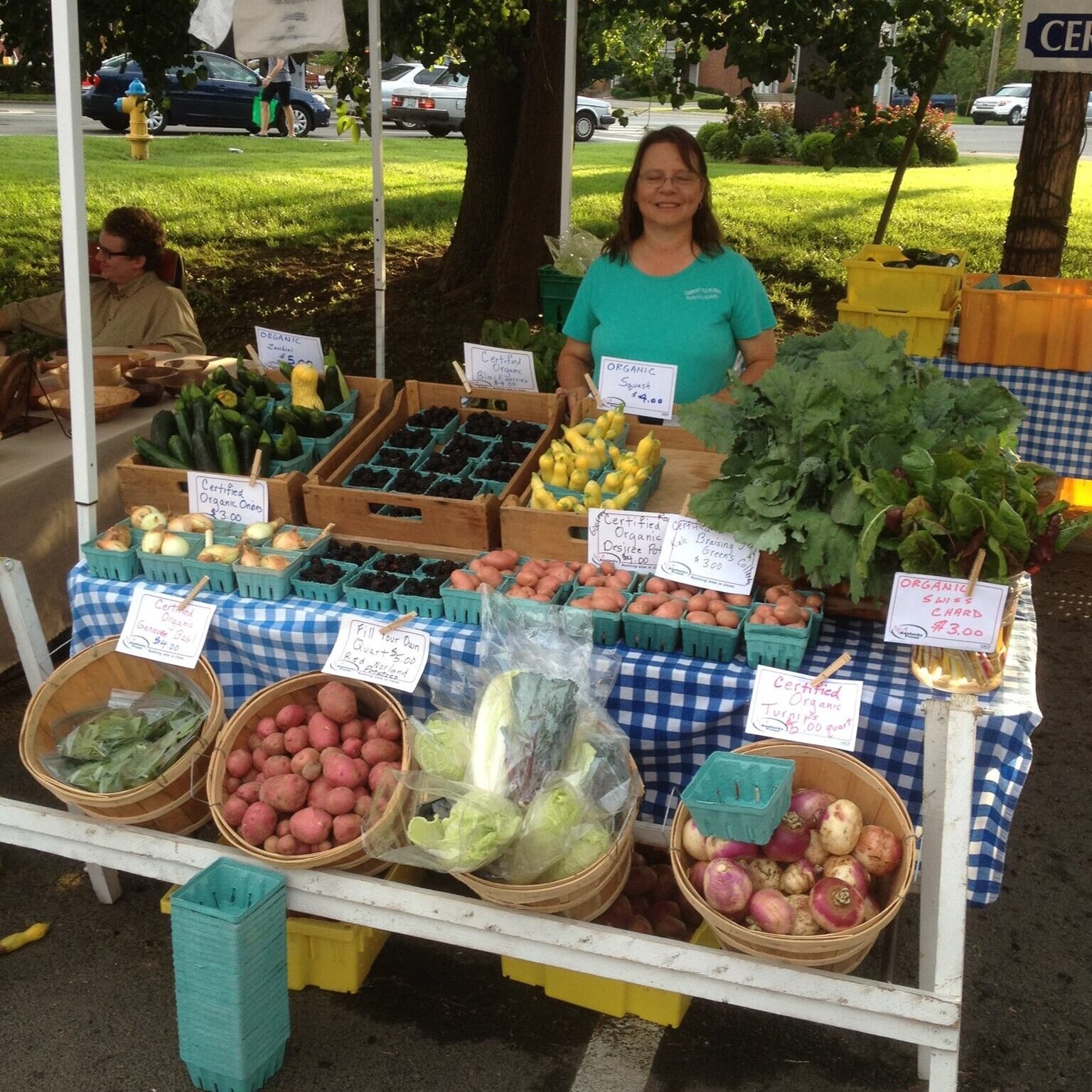 A farmer's market stall featuring a variety of fresh, organic vegetables including zucchini, squash, potatoes, and Swiss chard, with a smiling vendor in a teal shirt. The display includes baskets of produce and signs listing prices.