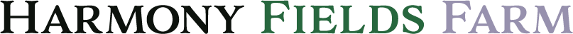 Logo of Harmony Fields Farm featuring the name in stylized typography with varying colors, emphasizing the farm's brand identity in agriculture and sustainability.